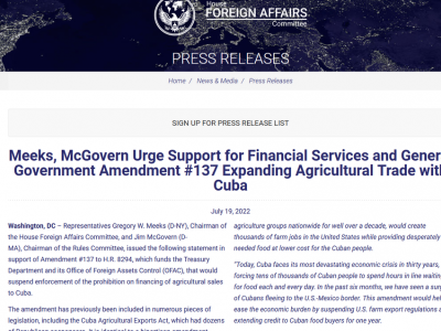 Legisladores de EE.UU. abogan por más comercio agrícola con Cuba