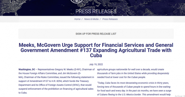 Legisladores de EE.UU. abogan por más comercio agrícola con Cuba 